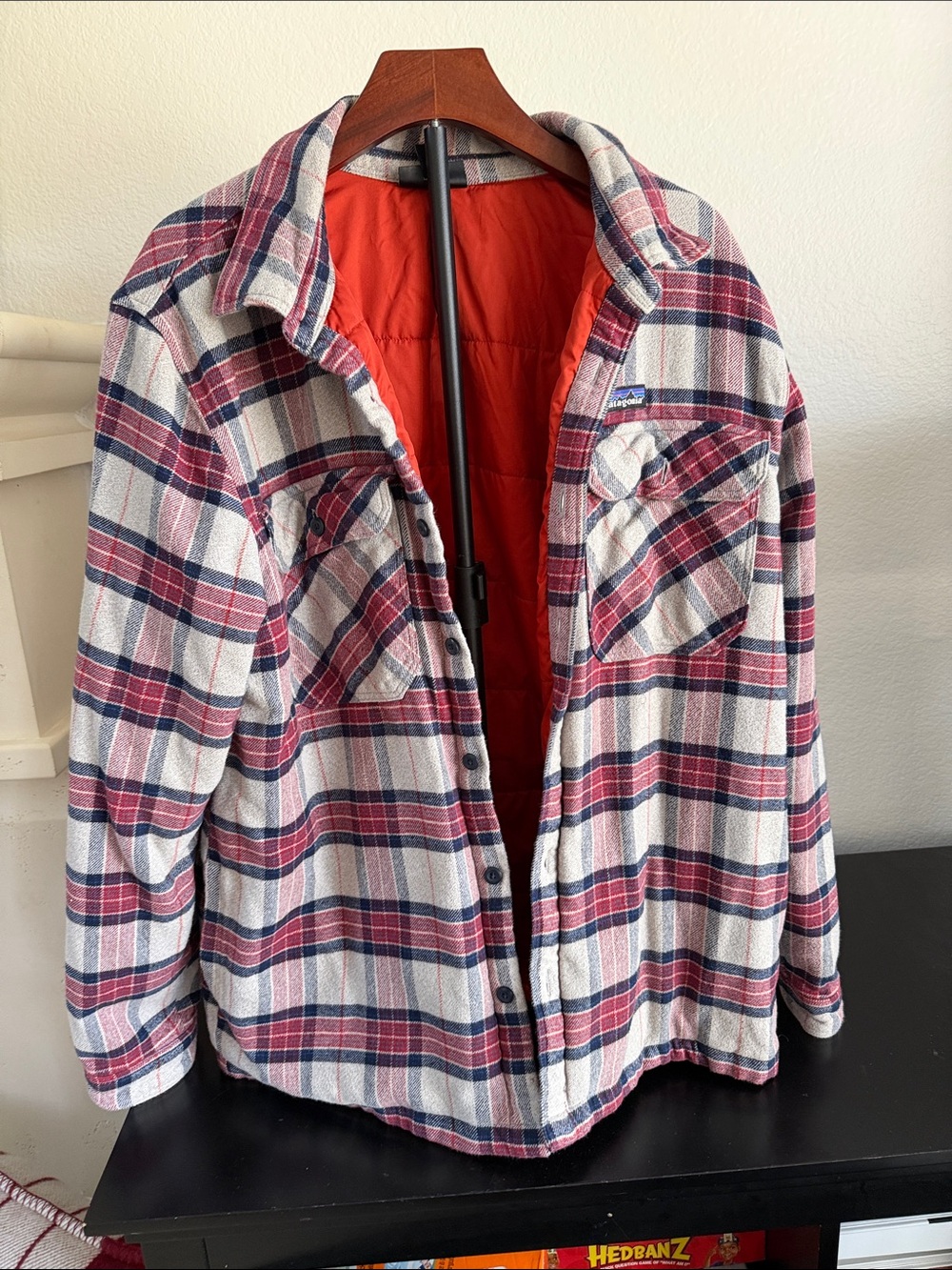 Patagonia Fjord Insulated Flannel Shirt Red, Navy & White Quilted-Lined Plaid